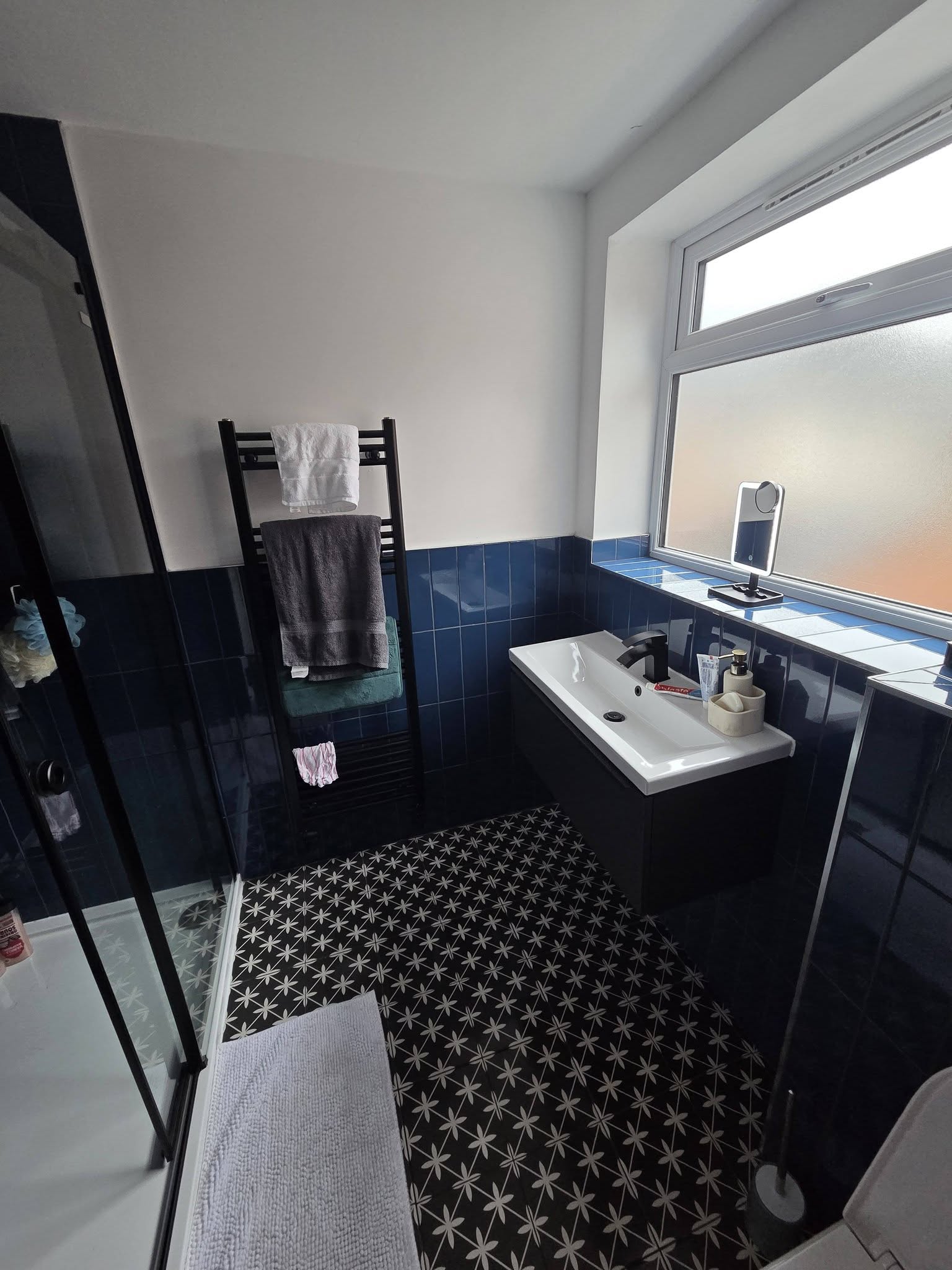 Clean blue bathroom