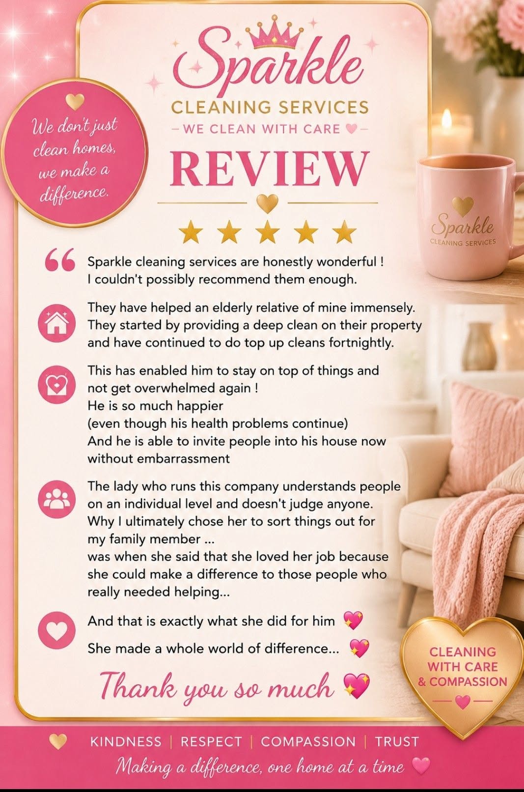 Five star customer review for Sparkle Cleaning Services